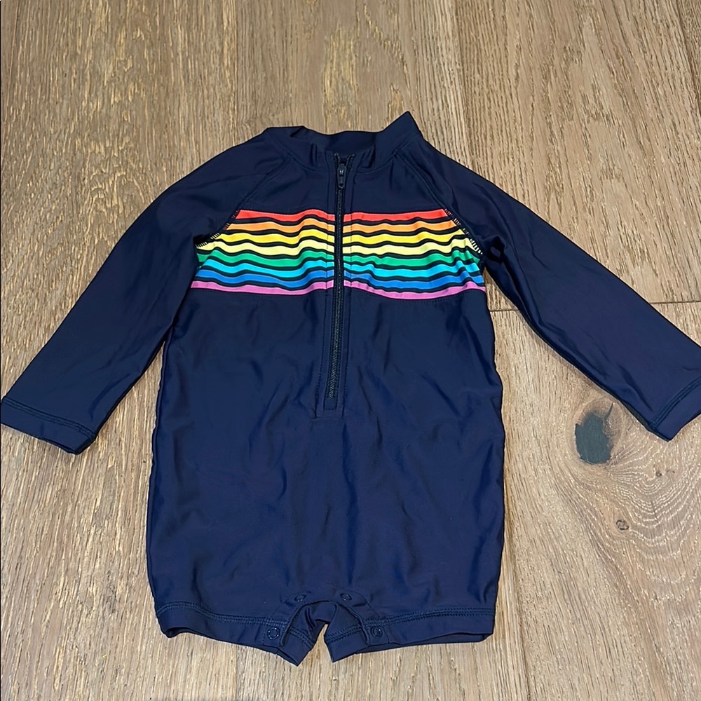 Primary | Kids Navy Blue Swim Romper with Rainbow Stripes